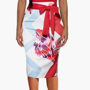 Red Pattern Floral Tie Around the Waist Pencil Dress (NWOT)